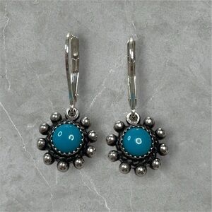 Platinum over 925 Silver Turquoise Flower Dangle Earrings